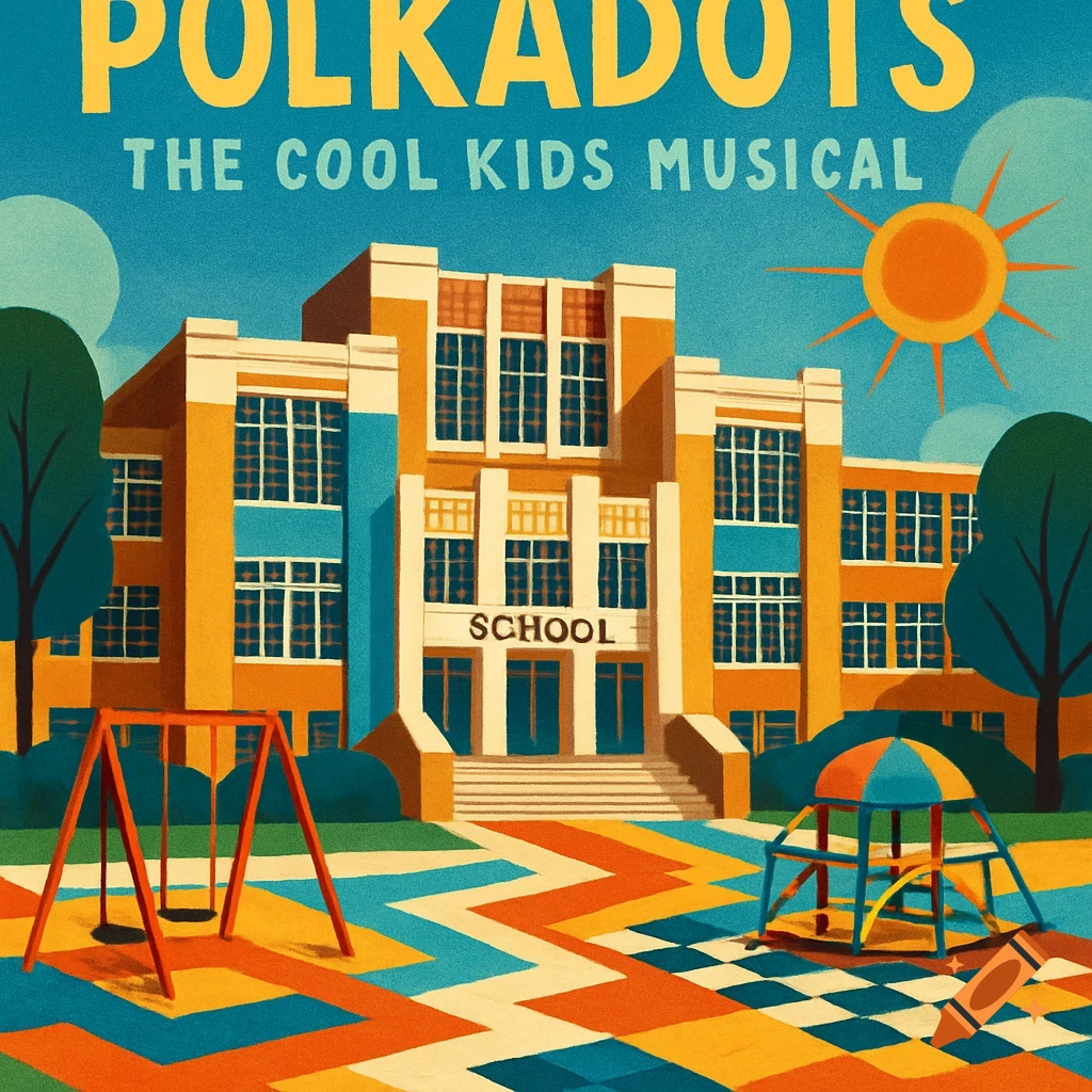 A vibrant retro-style illustration of a school building with a playground, featuring bold colors and geometric patterns.