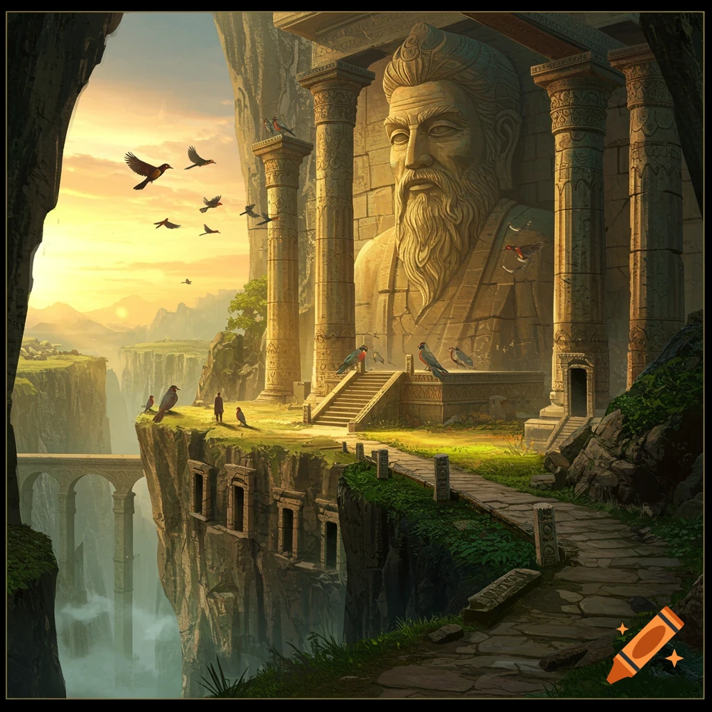 A majestic ancient temple with a large stone statue of a bearded man, built into a cliffside, overlooking a valley at sunset, with birds flying.