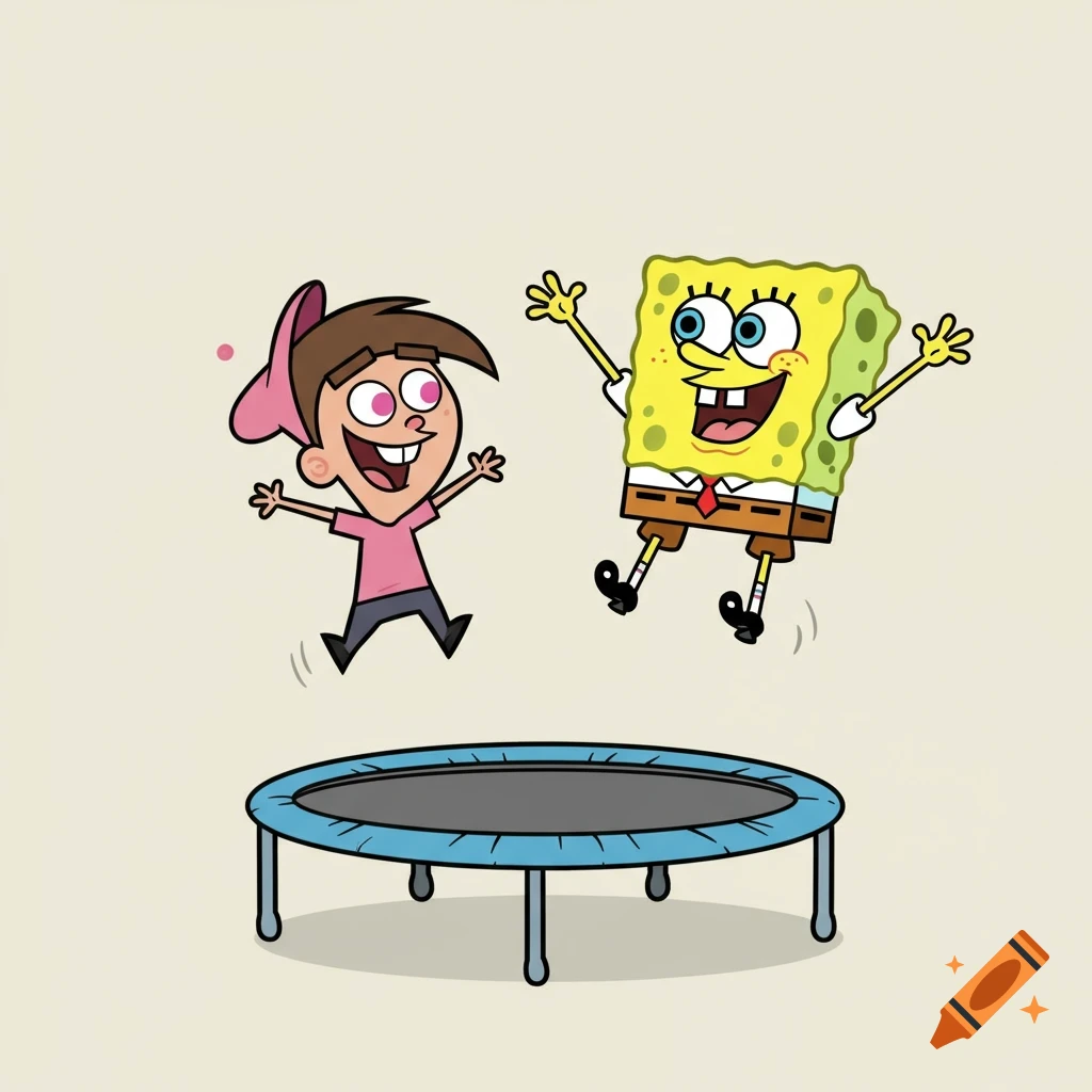 Timmy Turner and Spongebob Squarepants jump on a trampoline in a cartoon coloring page style illustration.