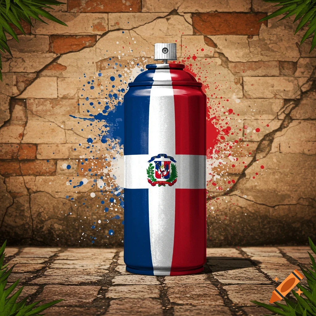 A spray paint can decorated with the Dominican Republic flag on a brick wall, with paint splatters.