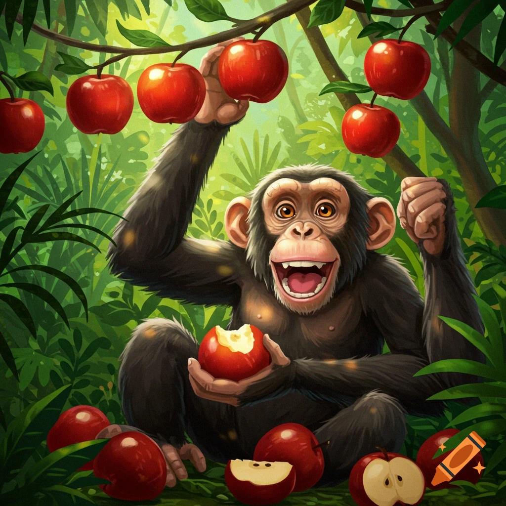 A cheerful cartoon chimpanzee sitting in a lush green jungle, holding a bitten red apple, surrounded by more apples.