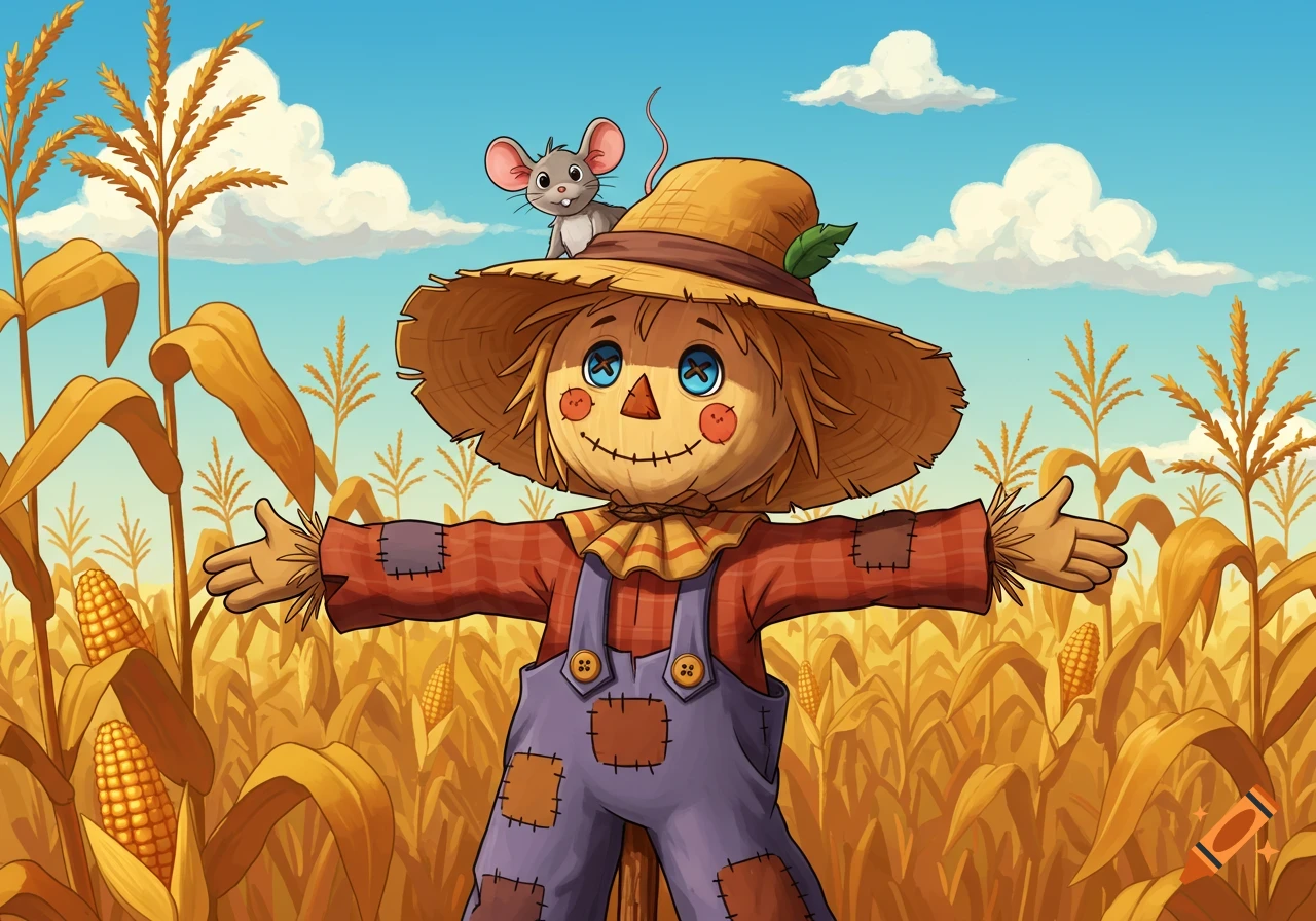 A friendly cartoon scarecrow with a mouse on its hat stands in a golden cornfield under a blue sky.