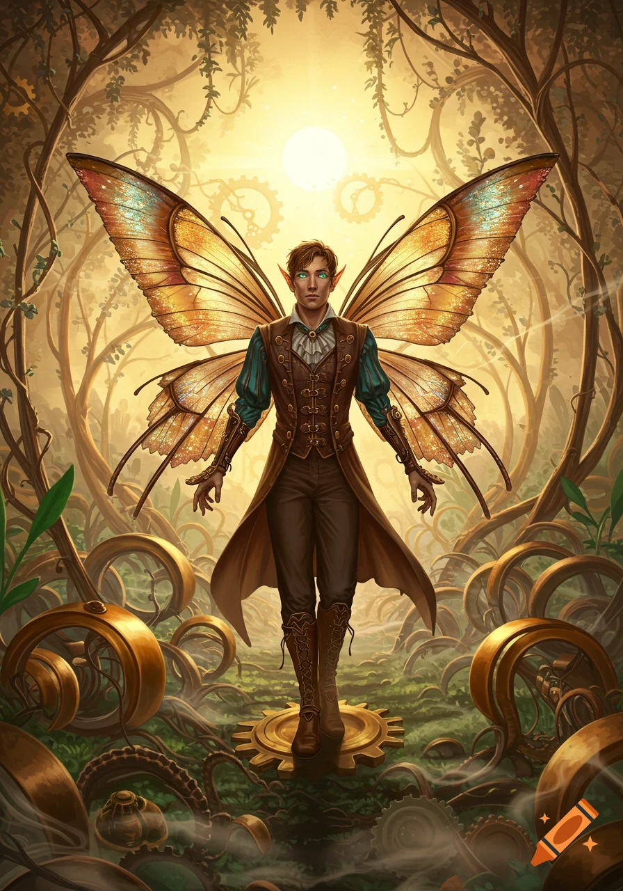 A male steampunk fairy with large golden wings, wearing a brown waistcoat and coat, stands in a golden-lit forest of gears and roots.