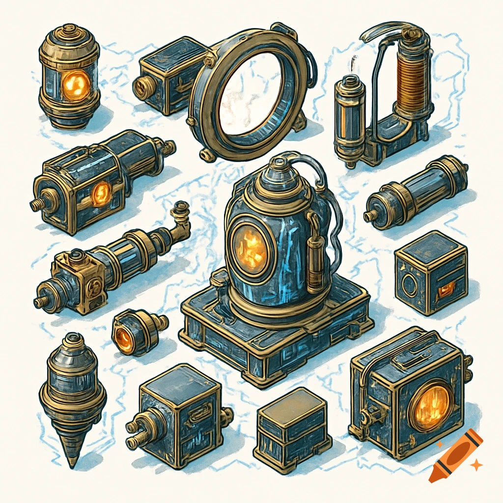 Isometric exploded assembly diagram of retro-futuristic mechanical components with glowing orange energy and blue circuitry on white.