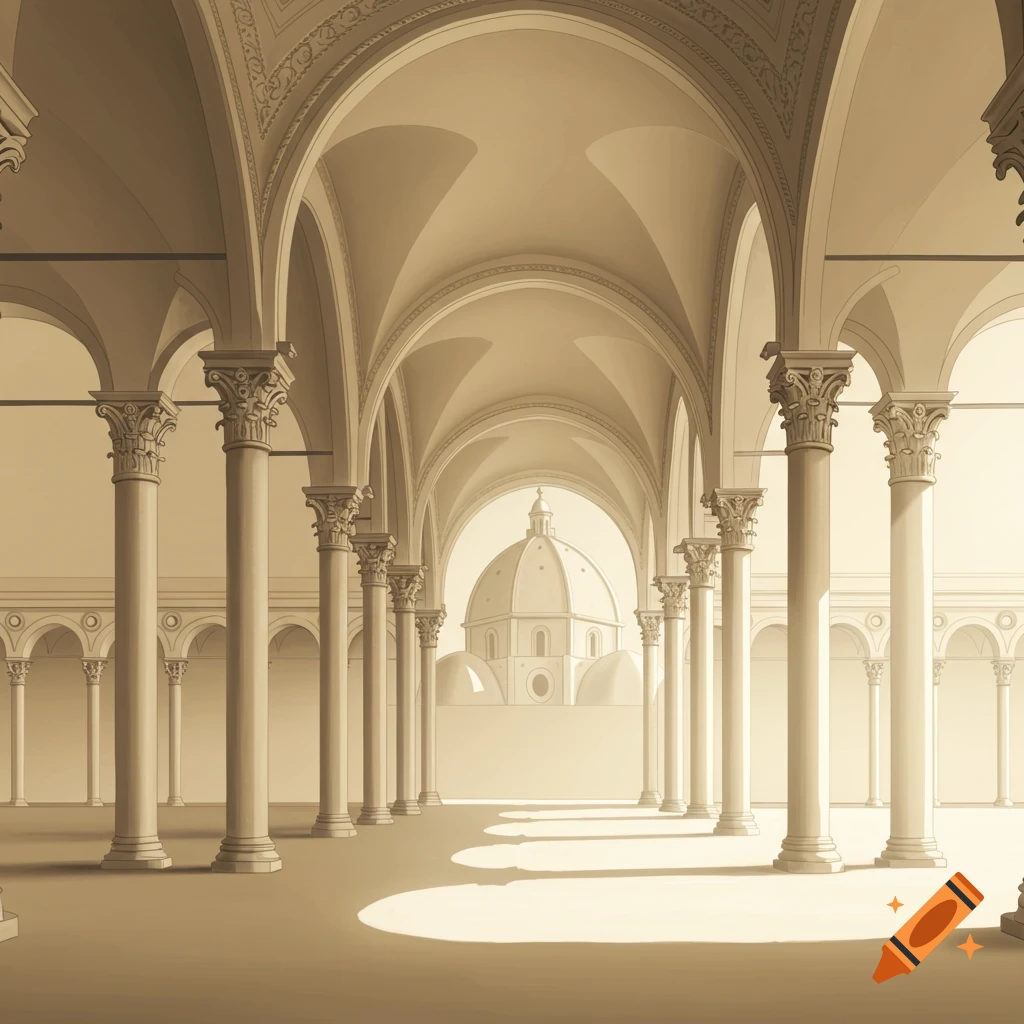 A long hall with rows of columns and arches leading to a large dome in the distance, in a light beige, Renaissance architectural style.