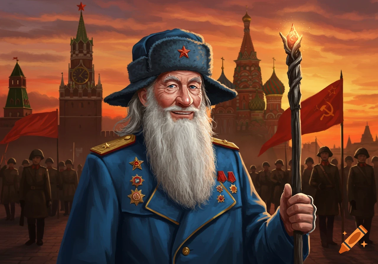 A wizard resembling Gandalf in a blue Soviet general's uniform and ushanka hat, holding a magic staff, with the Kremlin and Soviet flags in the background at sunset.