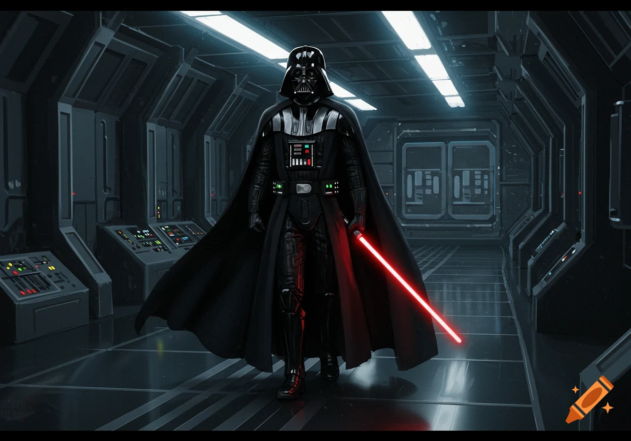 Darth Vader stands in a dimly lit spaceship corridor, holding a glowing red lightsaber.