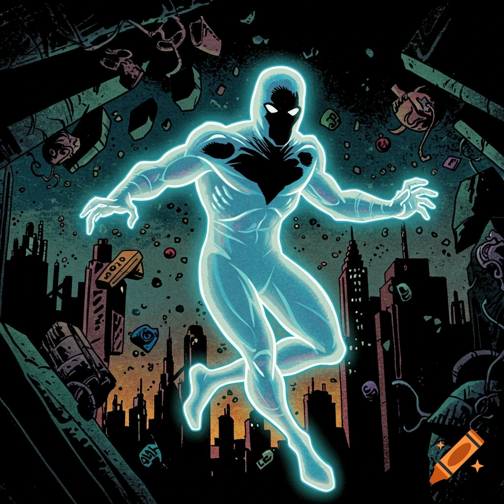 A glowing, translucent, ghost-like superhero with black eyes and a black chest emblem floats dynamically over a dark city background with debris, in a classic Marvel comic style.