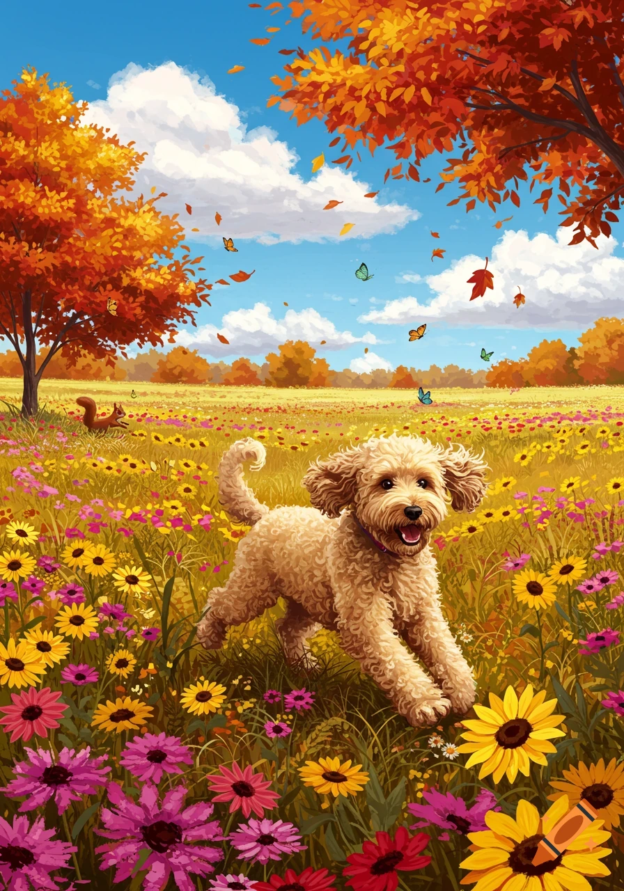A happy labradoodle runs through a vibrant autumn field filled with colorful wildflowers, falling leaves, and butterflies, under a blue sky.