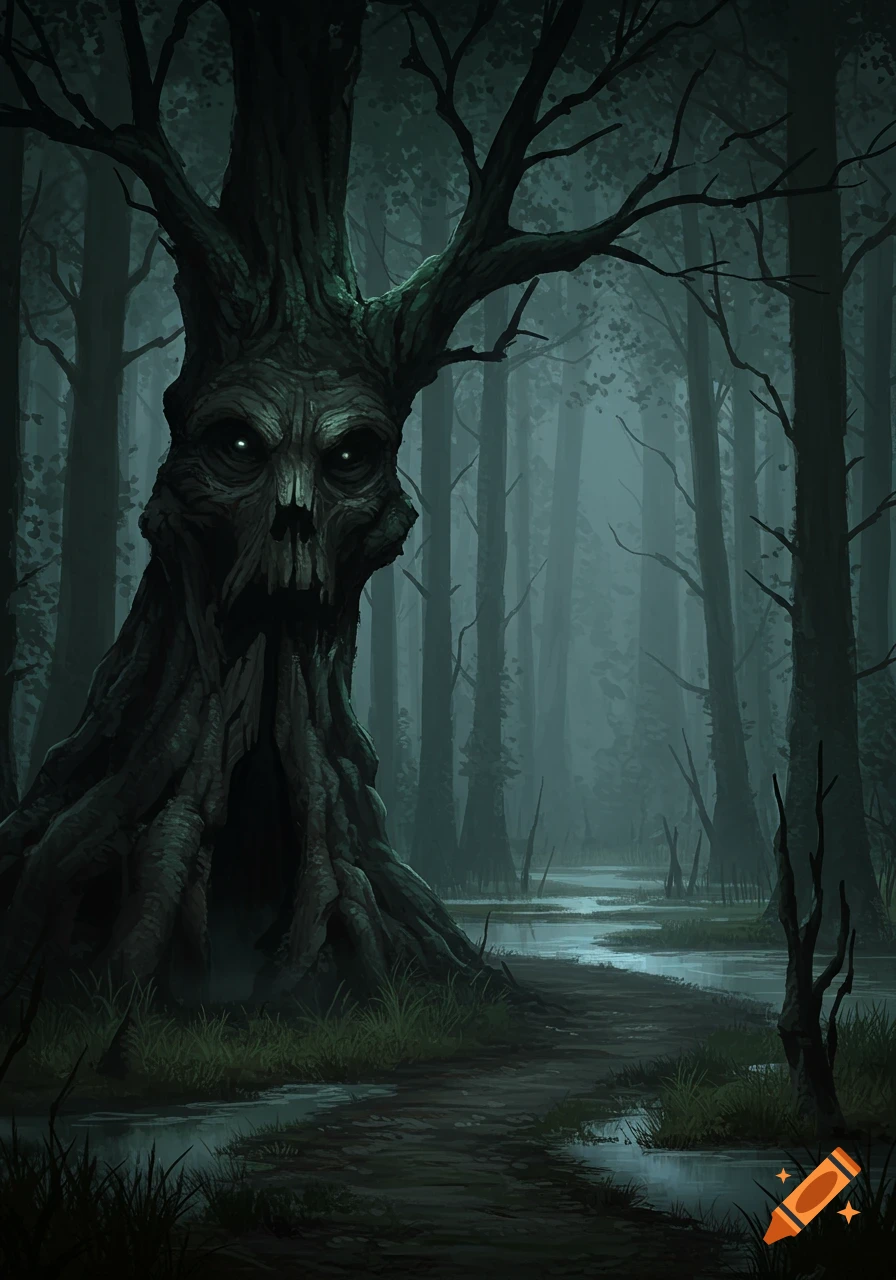A dark, eerie swamp forest with a winding path and a prominent tree with a haunting, skull-like face and glowing eyes.