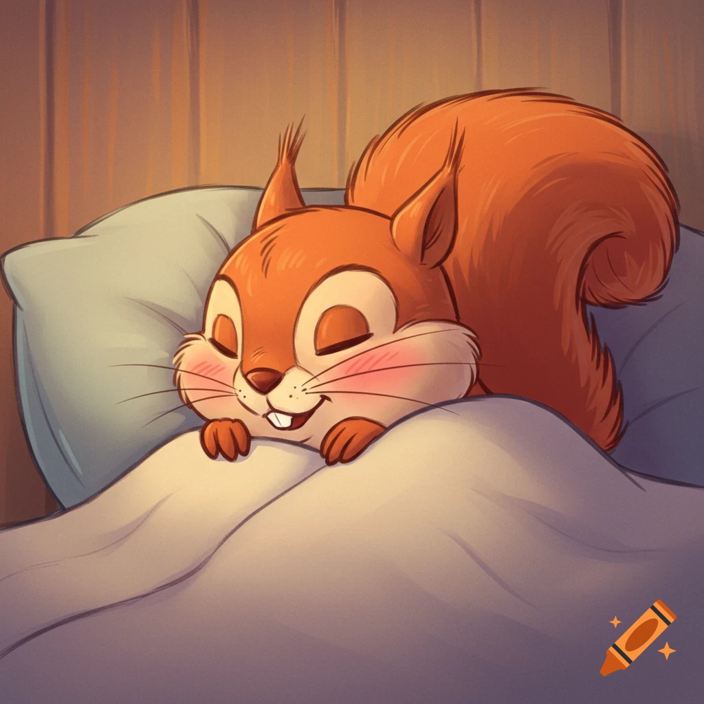 A cute red squirrel with rosy cheeks sleeps peacefully under a soft white blanket and on a blue pillow, in a cozy 2D cartoon style.