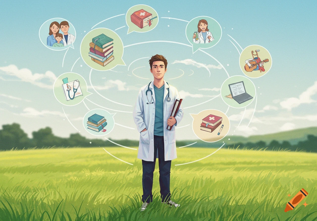 A male medical student stands in a field, surrounded by thought bubbles depicting family, studies, medicine, and hobbies, in an illustrative style.