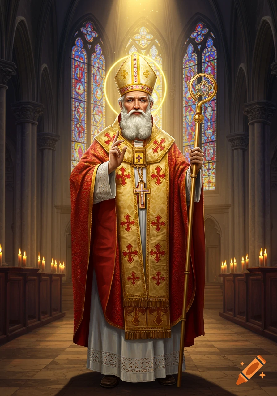 A bearded saint in red and gold bishop vestments with a halo stands in a church with stained glass windows.