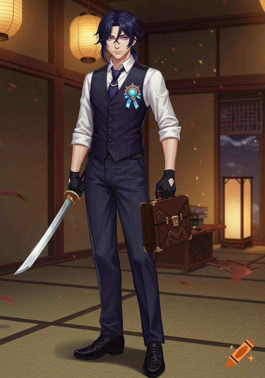 A refined male anime character with dark hair, wearing a charcoal suit vest, holds a katana and a briefcase in a traditional Japanese room.