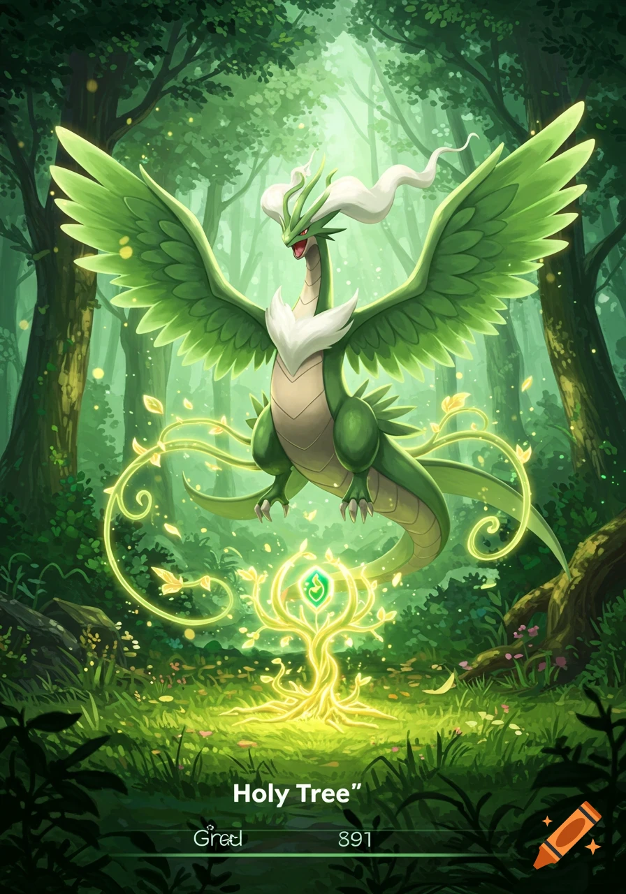 A green dragon with large wings and white mane hovers above a glowing holy tree in a lush green forest, stylized like a trading card.
