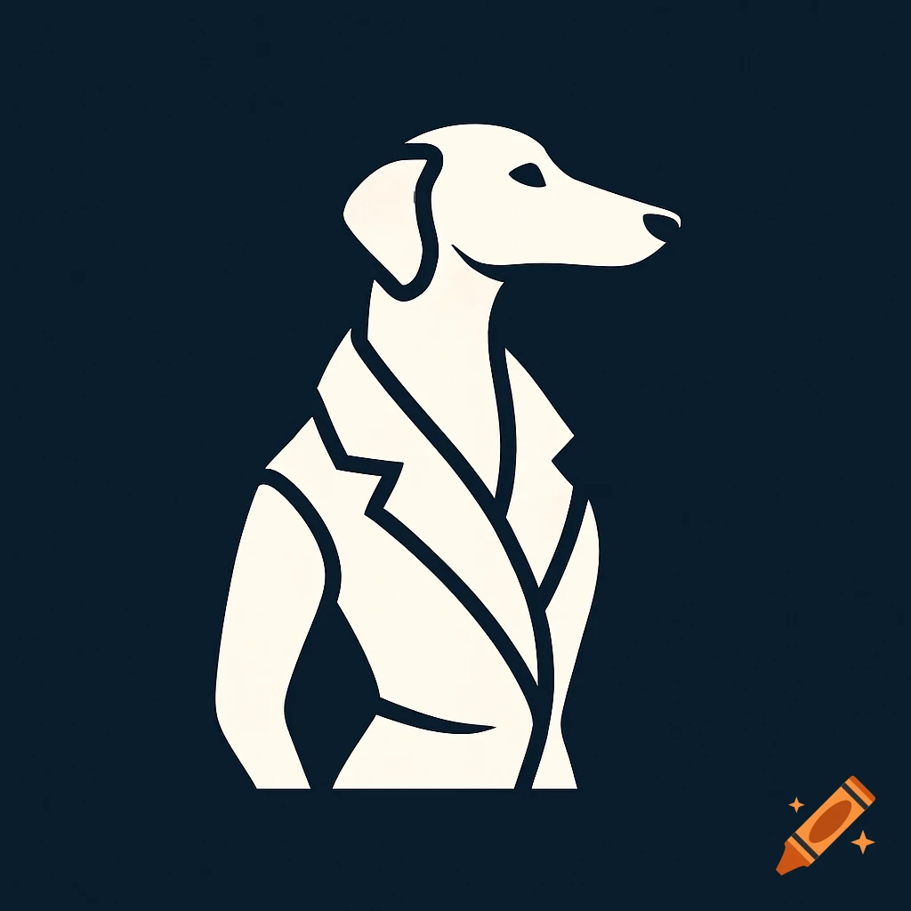 Minimalist logo of a white dog wearing a dark blue jacket, looking to the right against a dark blue background.