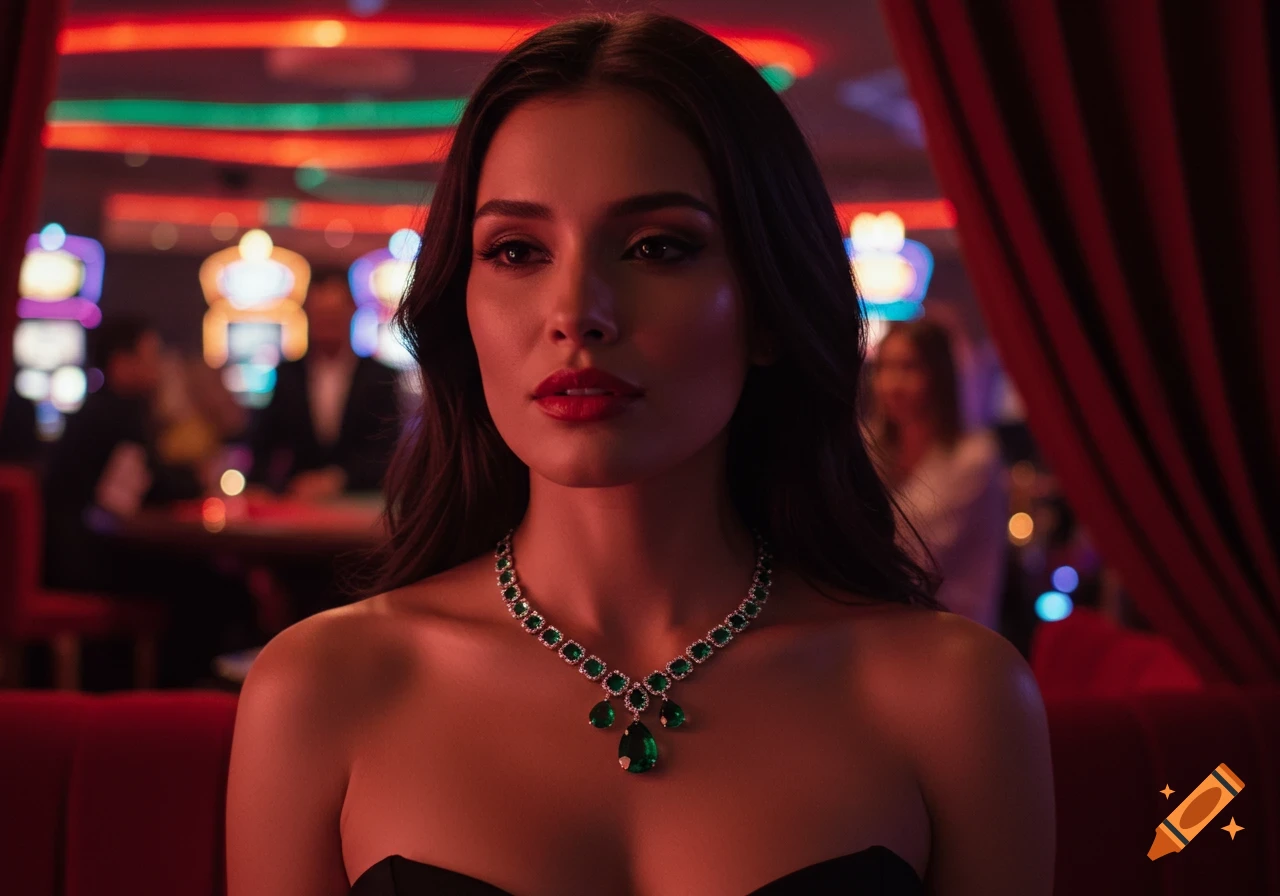 A woman in a black strapless dress and emerald necklace sits in a red booth at a casino, with blurred lights in the background.