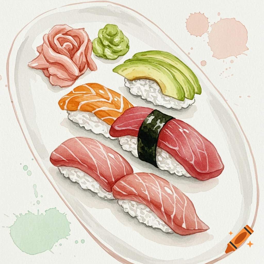 Watercolor illustration of various sushi pieces on a white plate, with pickled ginger and wasabi.