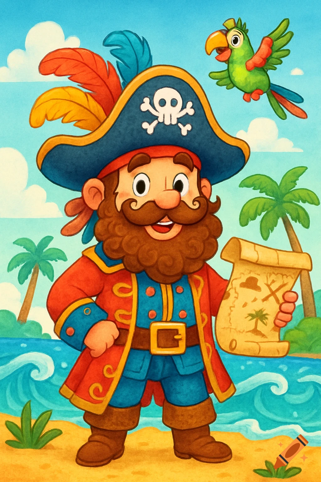 A friendly cartoon pirate captain with a beard and tricorne hat holds a treasure map on a beach with a flying parrot, digital illustration.