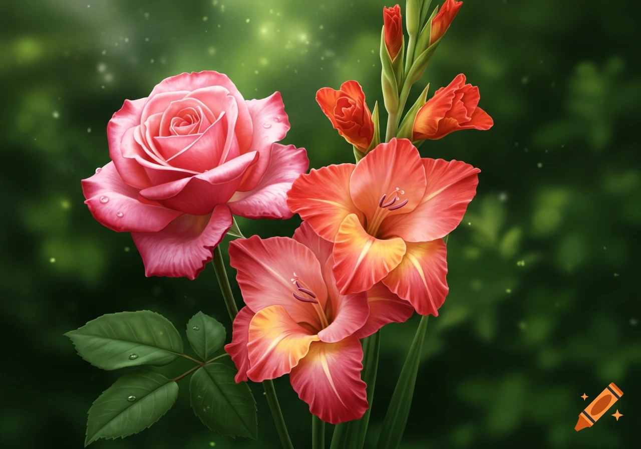Vibrant pink rose and red-orange gladiolus flowers with dewdrops and green leaves on a blurred green background.