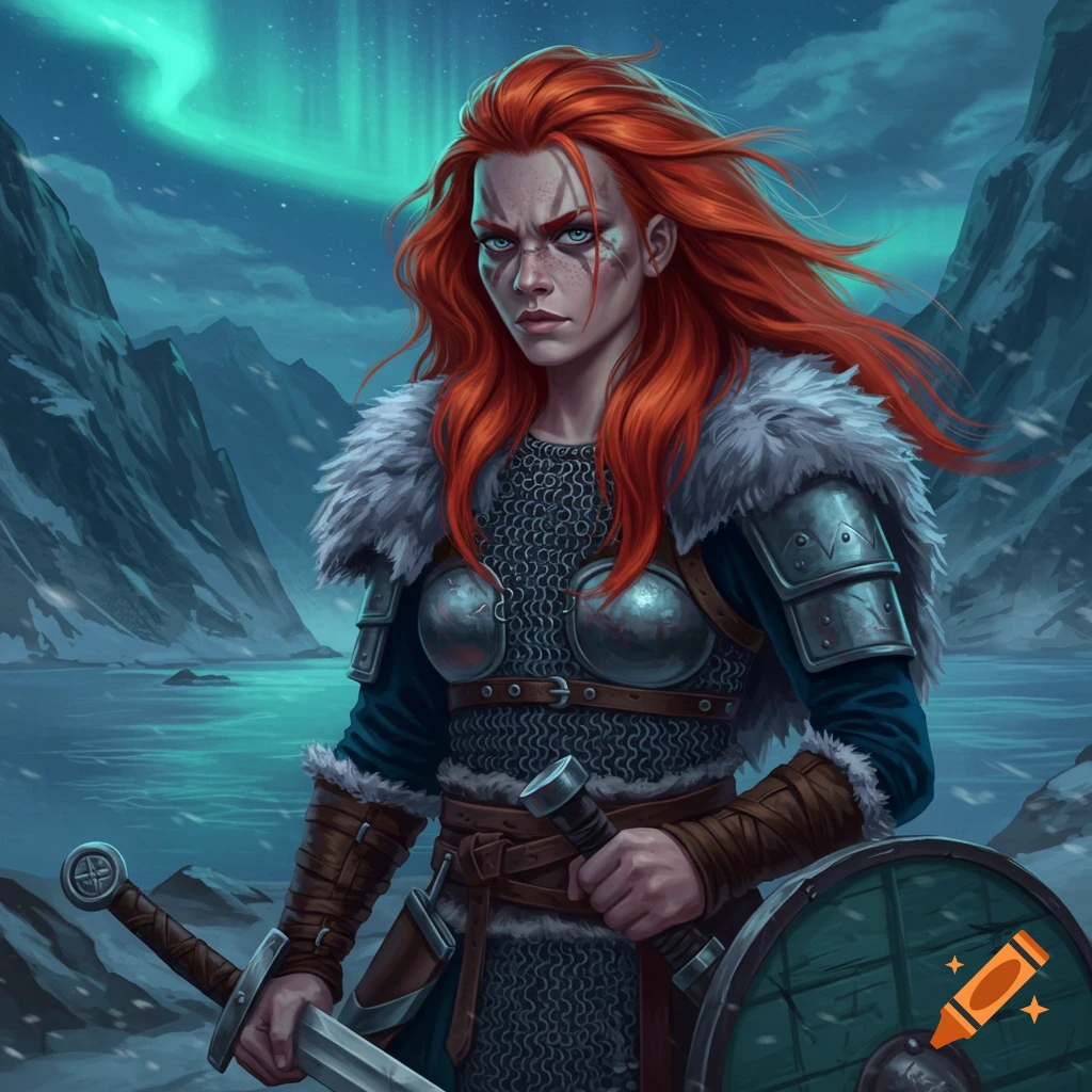 A red-headed female Viking warrior with scars, in chainmail and fur armor, holds a sword and shield in a snowy mountain landscape under the aurora borealis.