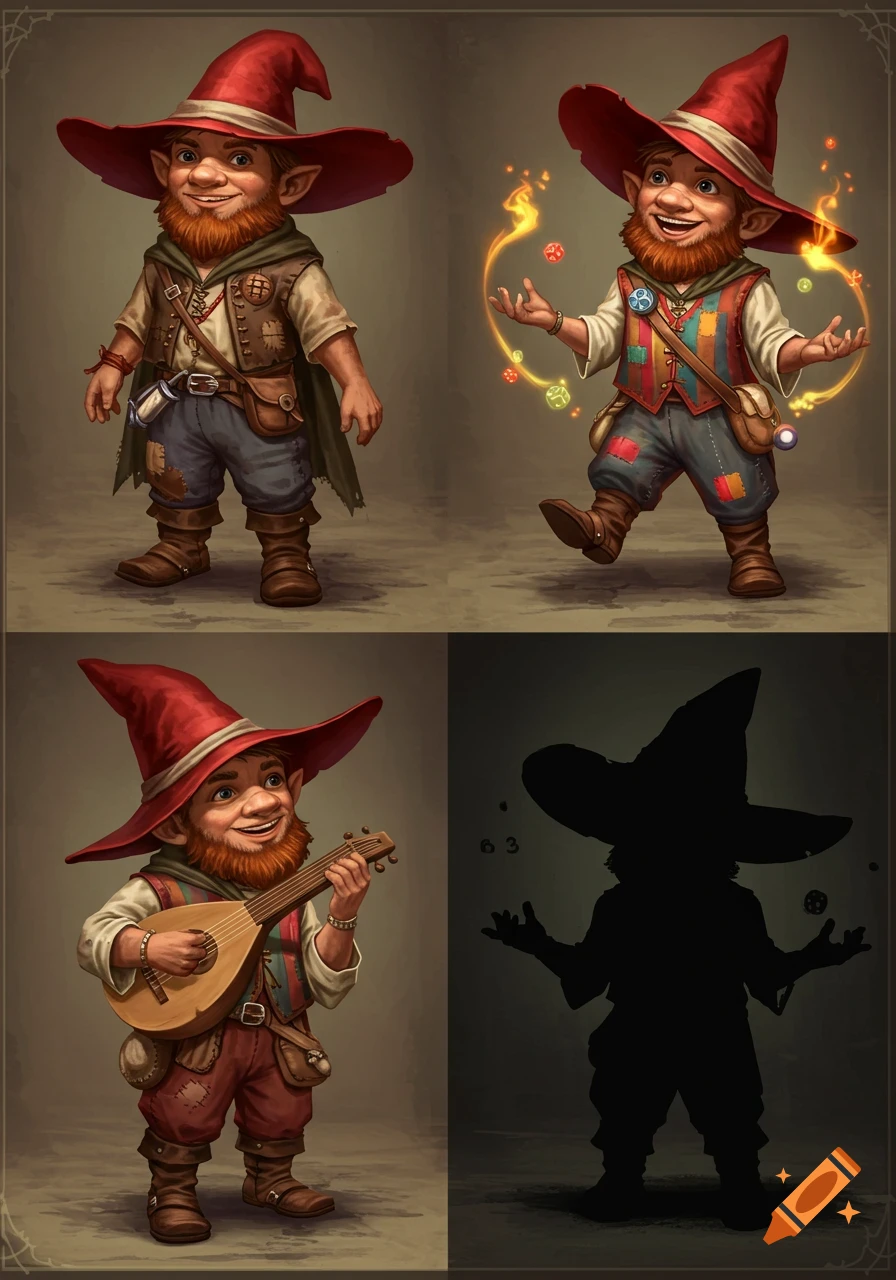 Four detailed illustrations of a bearded gnome in a red pointy hat, shown in different poses and outfits, one playing a lute, and one as a dark silhouette.