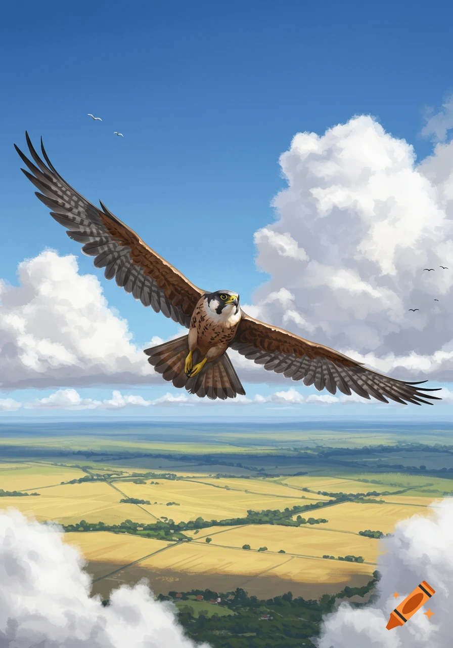 A digital art illustration of a falcon soaring with outstretched wings above a vast, green and yellow patterned landscape under a bright blue sky with white clouds.