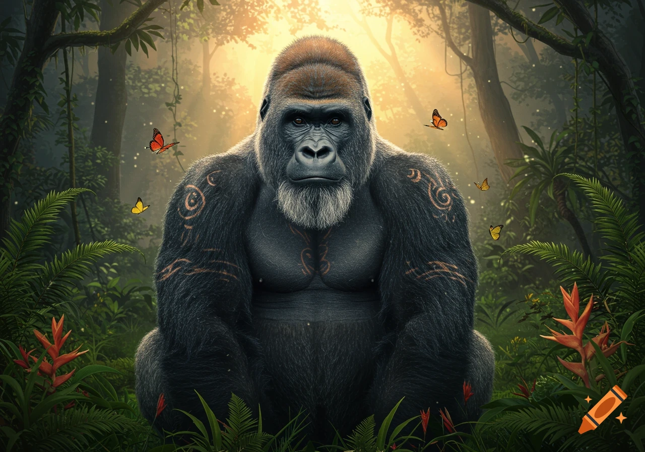 A majestic silverback gorilla with a human-like beard and tribal tattoos sits in a sunlit jungle with butterflies.