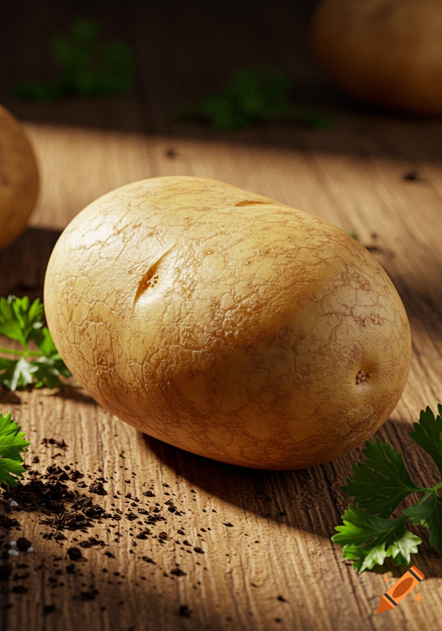 A close-up, photorealistic image of a single potato lying on a wooden surface, surrounded by scattered soil and green parsley sprigs.
