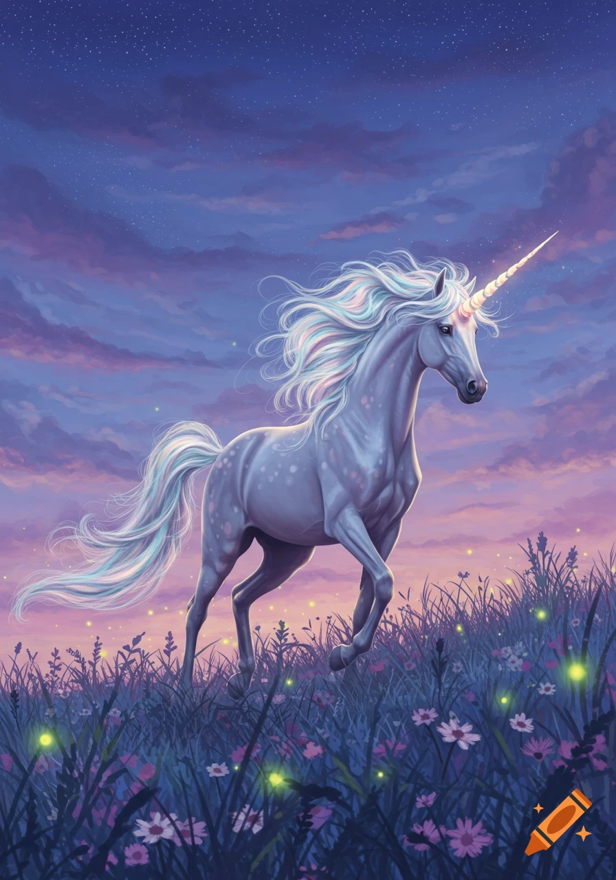 A white unicorn with a glowing horn runs through a field of glowing flowers under a starry, twilight sky.