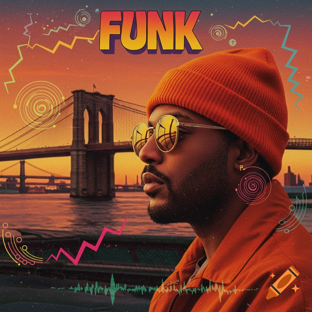 A man in an orange beanie and sunglasses with the Brooklyn Bridge at sunset in the background, stylized with 'FUNK' text and retro graphic elements.