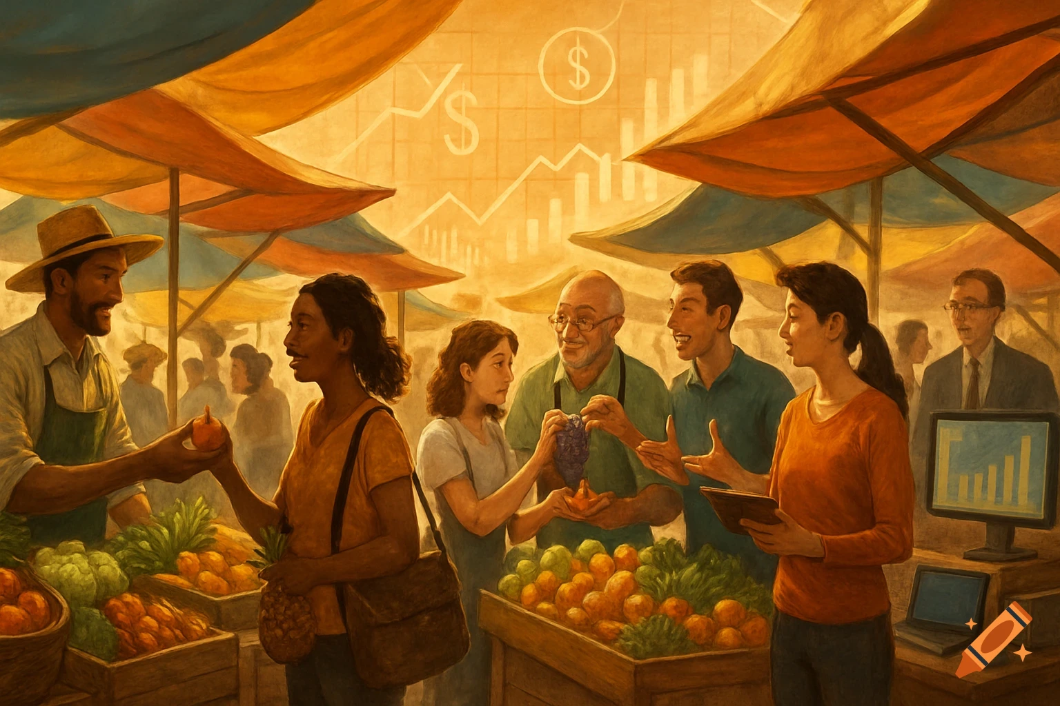 Vibrant illustration of a market with diverse people buying and selling produce, financial symbols and graphs in the background.