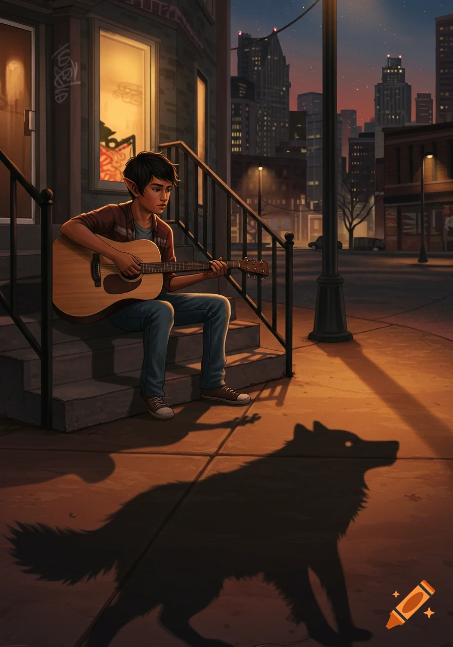 An illustrated teen boy with pointed ears plays an acoustic guitar on city steps at dusk, casting a wolf-shaped shadow.