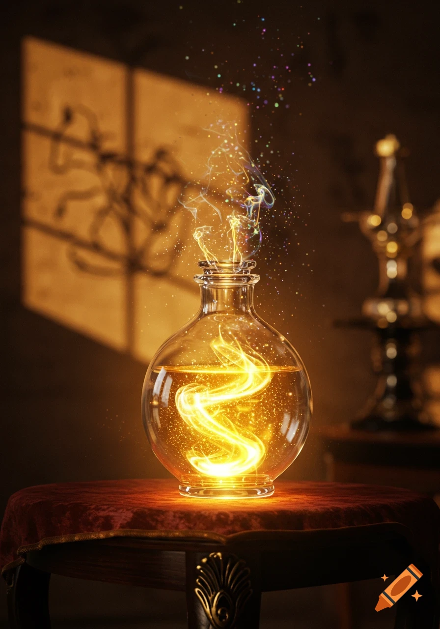 A glowing glass bottle containing swirling golden liquid, emitting smoke and colorful sparkles, sits on a velvet table.