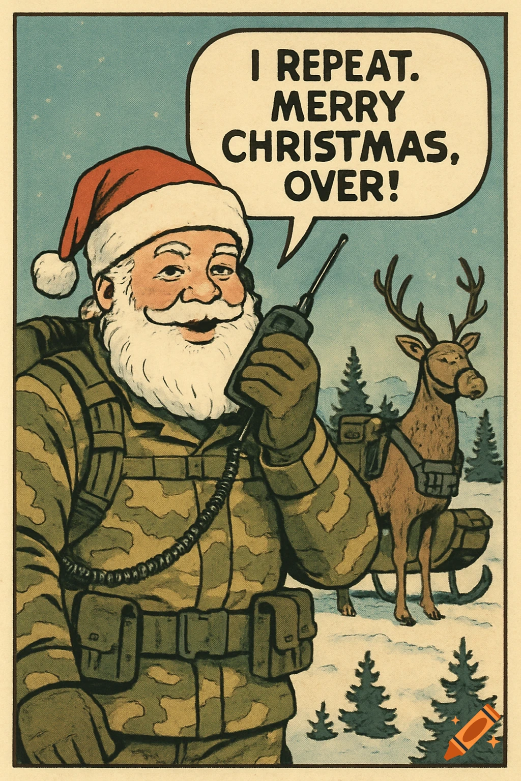 A vintage comic illustration of Santa in camouflage holding a radio, speaking 'I REPEAT. MERRY CHRISTMAS, OVER!' with a tactical reindeer.