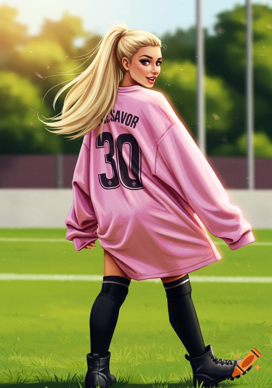 Blonde woman in an oversized pink jersey and black socks walks on a soccer field, looking back over her shoulder in a stylized illustration.