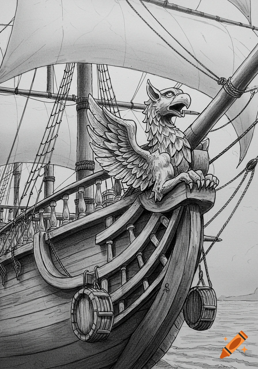 Detailed black and white sketch of a pirate ship's bow, featuring a carved wooden gryphon figurehead.