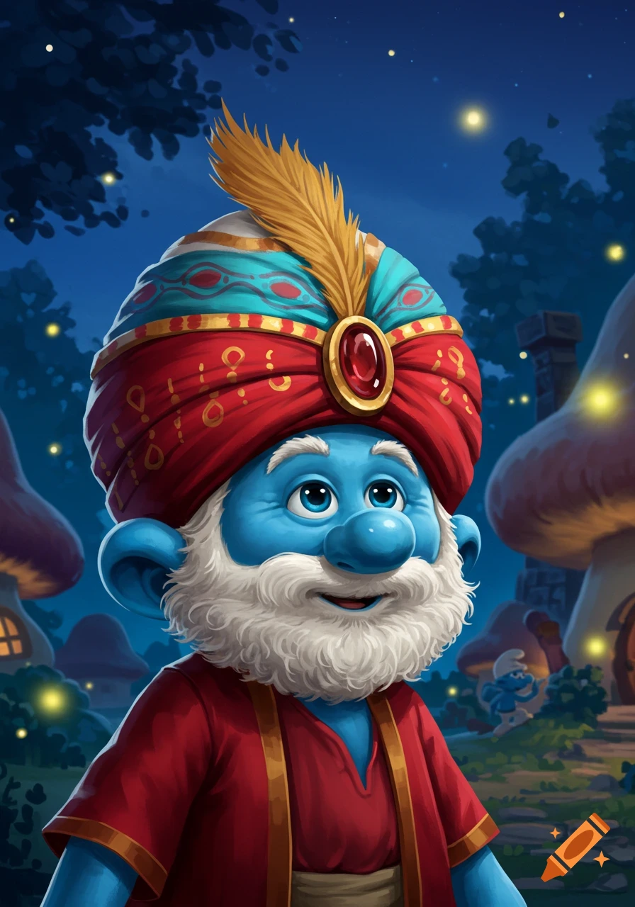 Papa Smurf wearing a red and blue turban with a gold feather and gem, smiling in a nighttime Smurf Village.