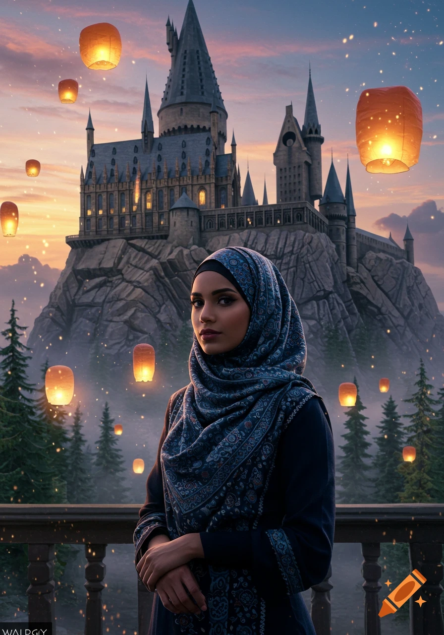 A woman in a blue patterned hijab stands on a balcony before a fantasy castle at dusk with glowing lanterns and pine trees.