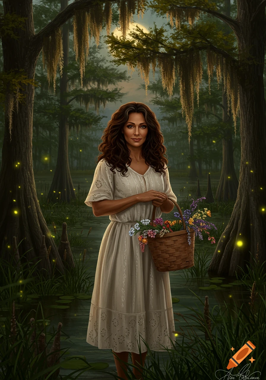 A woman with curly hair in a white dress stands in a misty, moonlit swamp, holding a basket of wildflowers, with glowing fireflies.