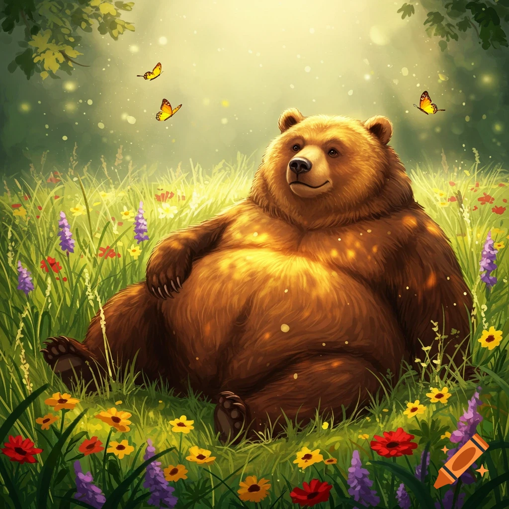 A happy, plump brown bear sits among colorful wildflowers and grass, with butterflies fluttering in a sun-dappled meadow.