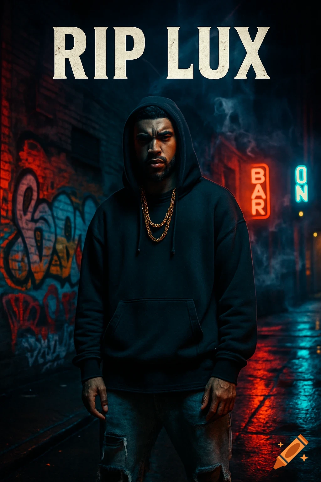 A man in a black hoodie and gold chains stands in a neon-lit, graffiti alley; 'RIP LUX' text above.