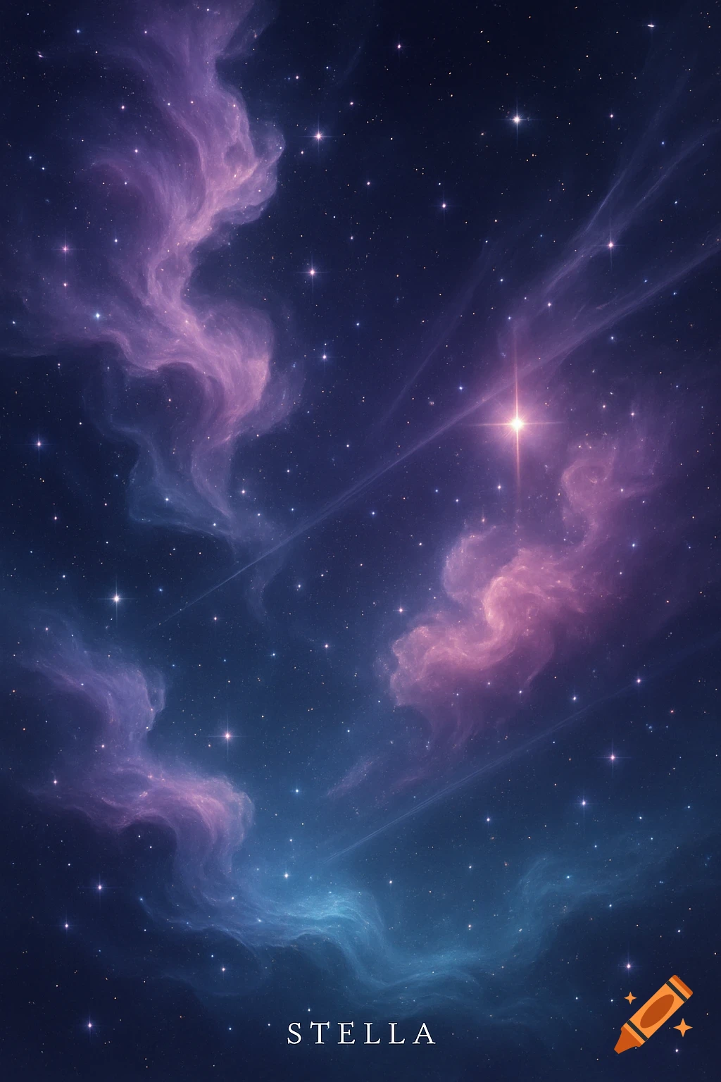 A vibrant cosmic scene with purple, pink, and blue nebulae, glowing stars, and the text 'STELLA' at the bottom.