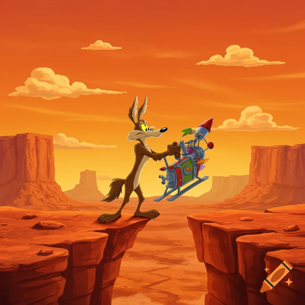 Wile E. Coyote stands on a cliff edge in a vast orange desert, holding a rocket-powered contraption.