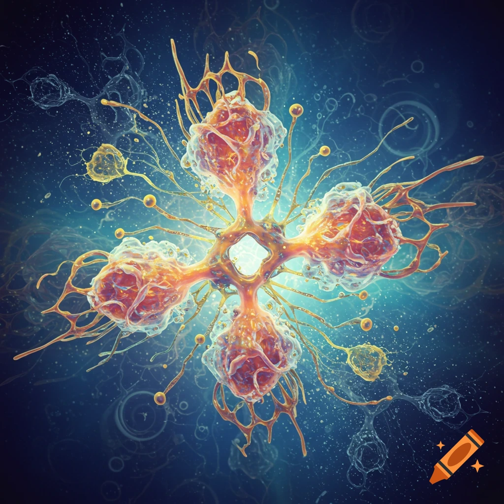 A detailed, glowing microscopic view of an intricate reddish-orange and yellow cellular structure with tendrils on a deep blue background.