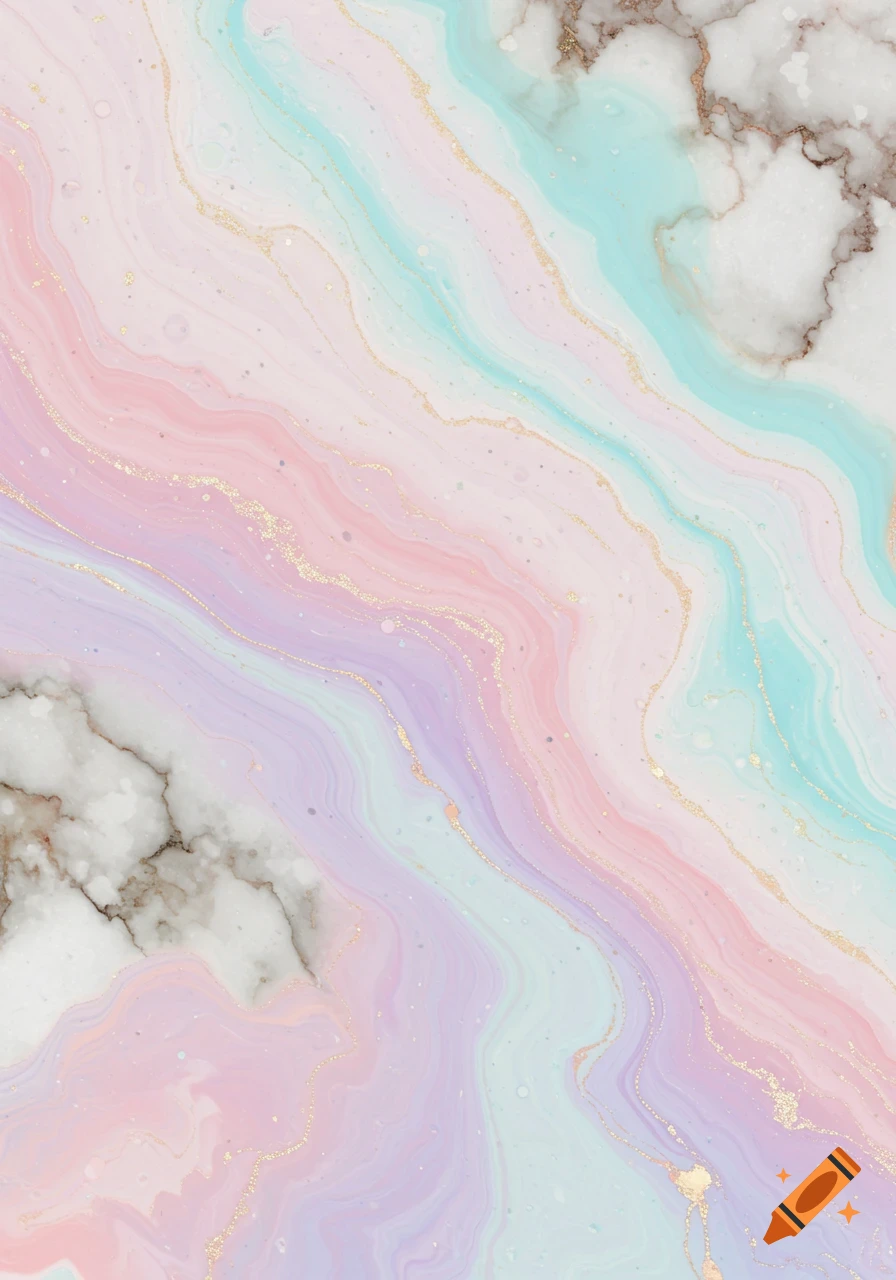 Pastel watercolor and marble texture with swirling pink, purple, blue, and white, accented with gold glitter lines.