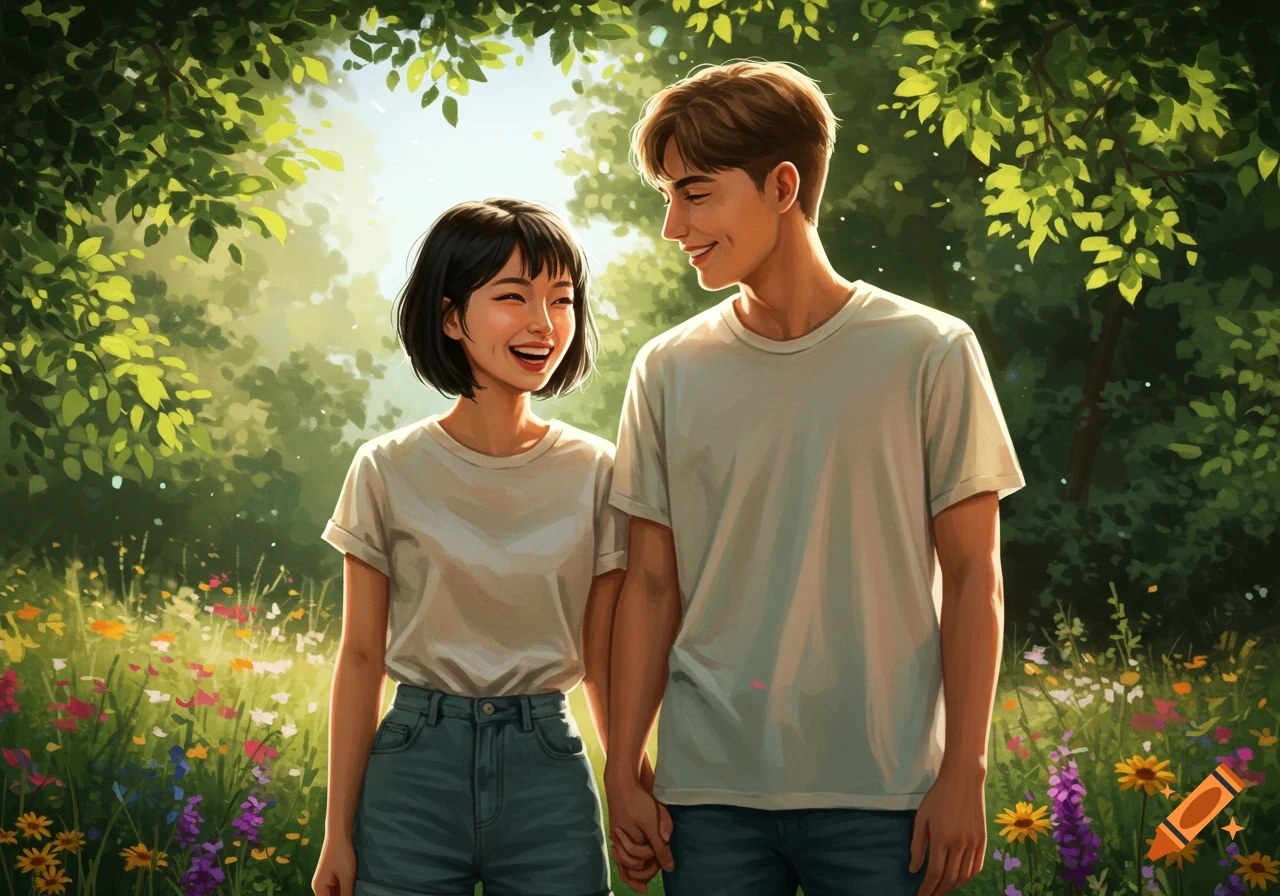 A smiling couple, a man and a woman, walk hand-in-hand through a sunlit field with wildflowers and green trees in an illustrative style.