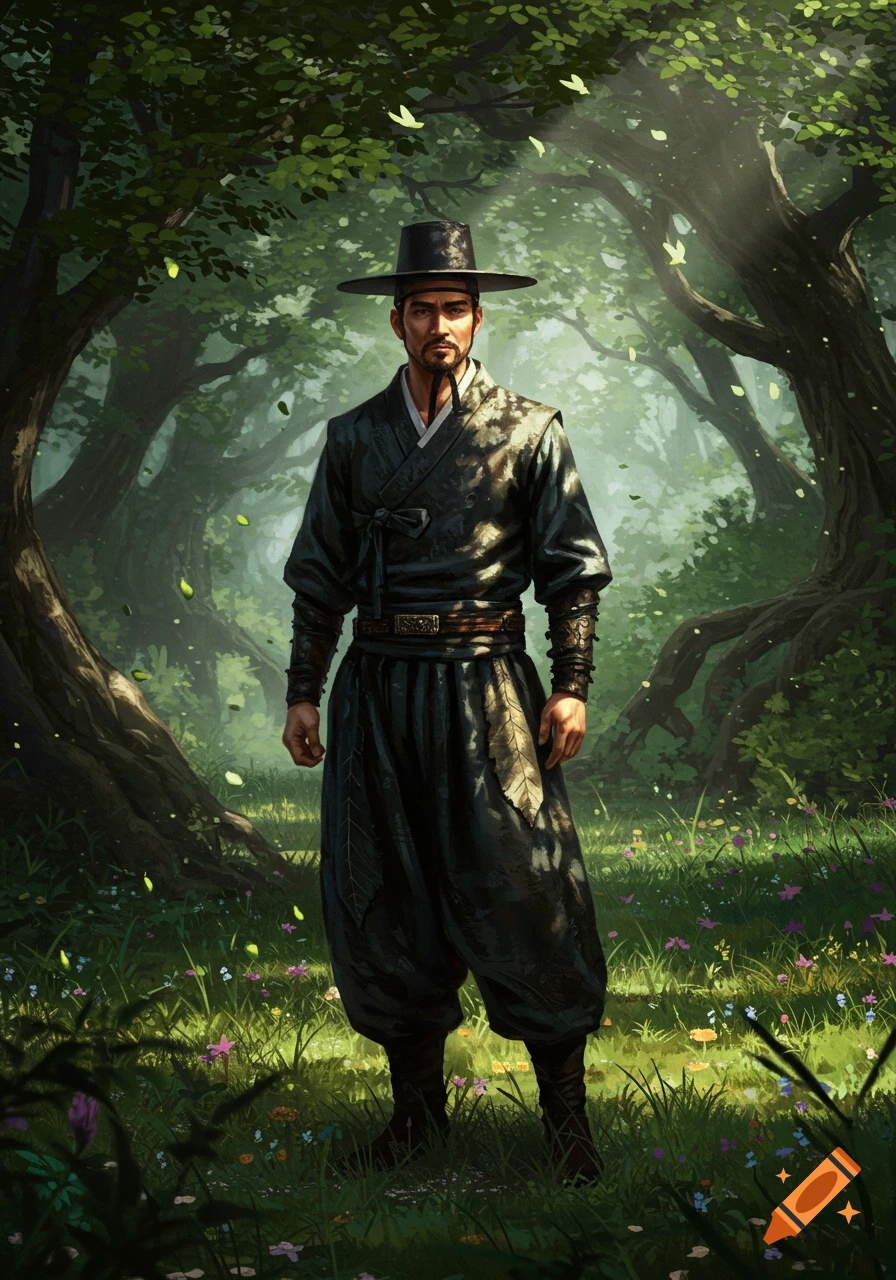 A man in traditional Korean attire, including a gat and dark leaf-patterned hanbok, stands in a mystical, sunlit forest.
