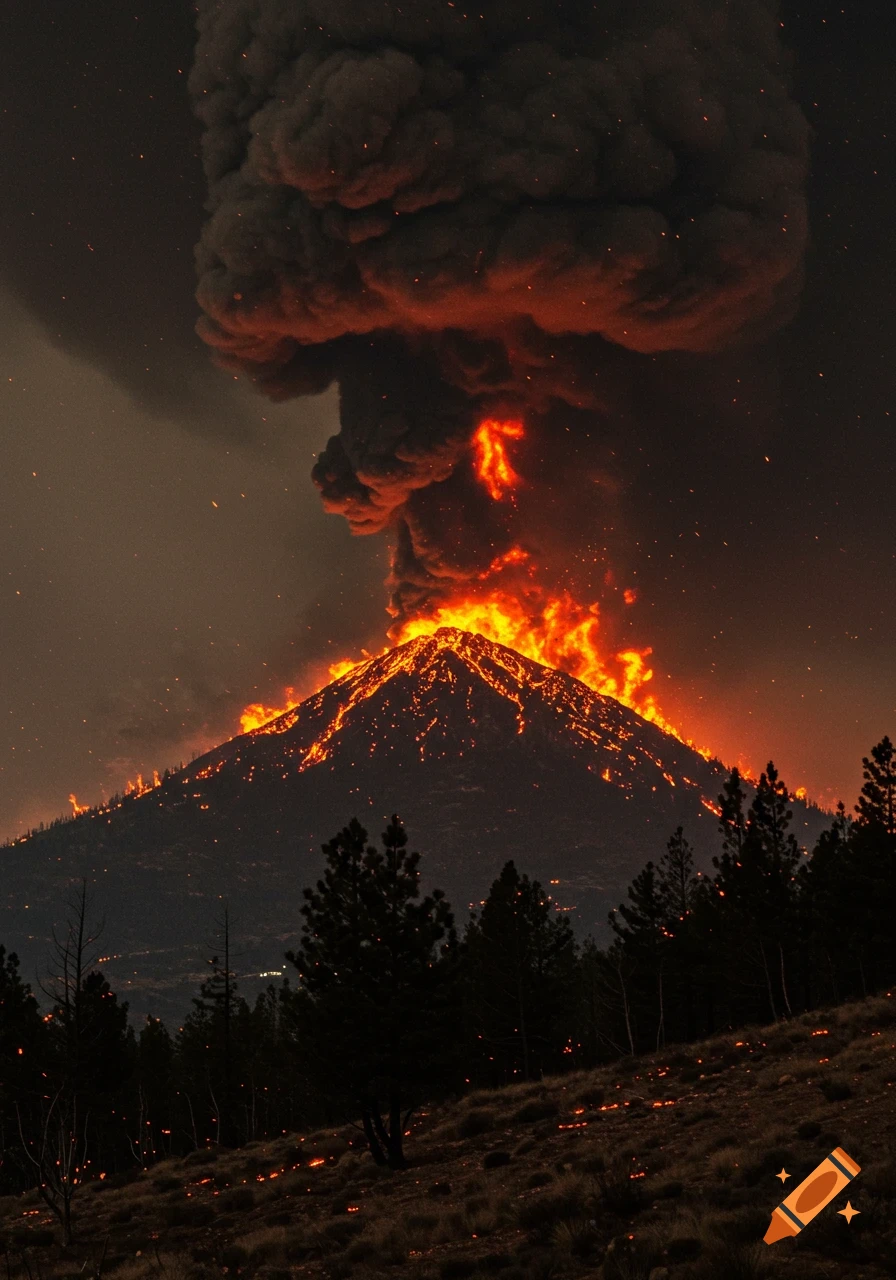 A photorealistic image of a mountain on fire, with bright orange flames, a massive dark smoke plume, and burning trees.