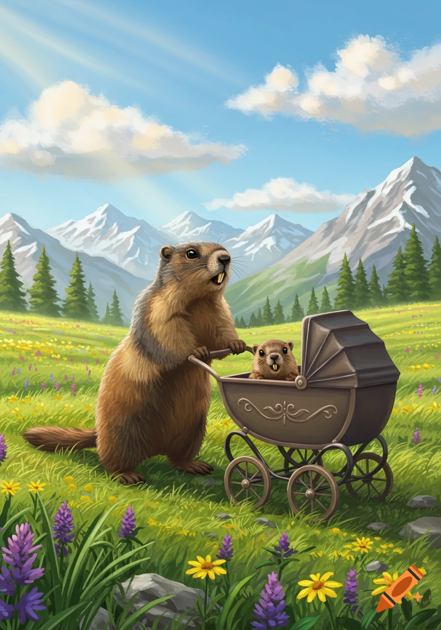 An illustrative image of a large marmot pushing a baby marmot in a stroller through a colorful meadow with mountains in the background.